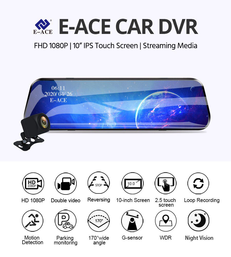 E-ACE Car Dvr 10 Inch Touch Screen Video Recorder Auto Registrar Stream Mirror Support RearView Camera night vision dash cam