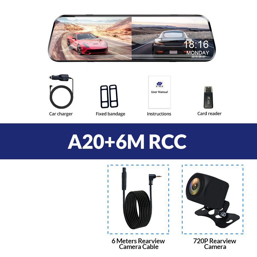 E-ACE Car Dvr 10 Inch Touch Screen Video Recorder Auto Registrar Stream Mirror Support RearView Camera night vision dash cam
