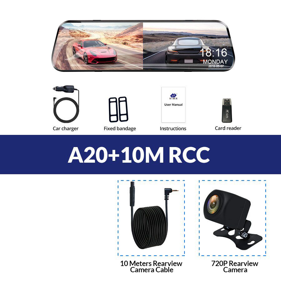 E-ACE Car Dvr 10 Inch Touch Screen Video Recorder Auto Registrar Stream Mirror Support RearView Camera night vision dash cam