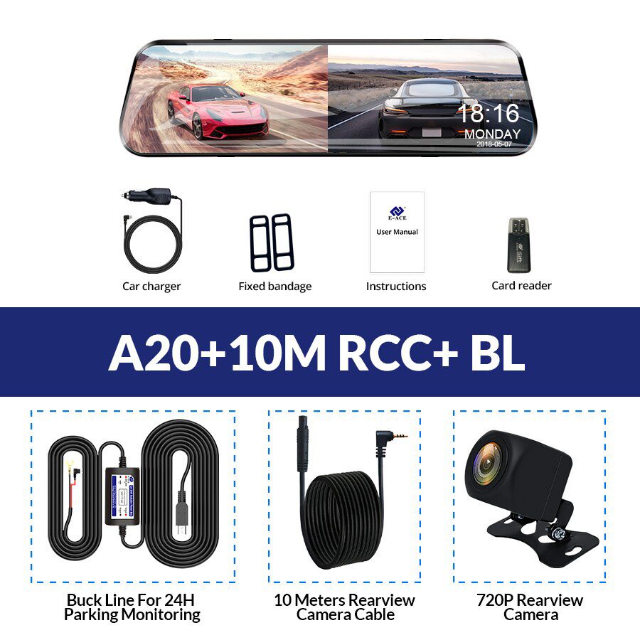 E-ACE Car Dvr 10 Inch Touch Screen Video Recorder Auto Registrar Stream Mirror Support RearView Camera night vision dash cam