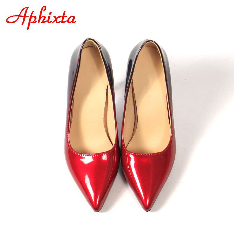 Aphixta Pointed Toe Women Thin Heel Shoes 10cm Heels Pointed Toe Patent Leather Wedding Party Shoes Woman Big Size 48