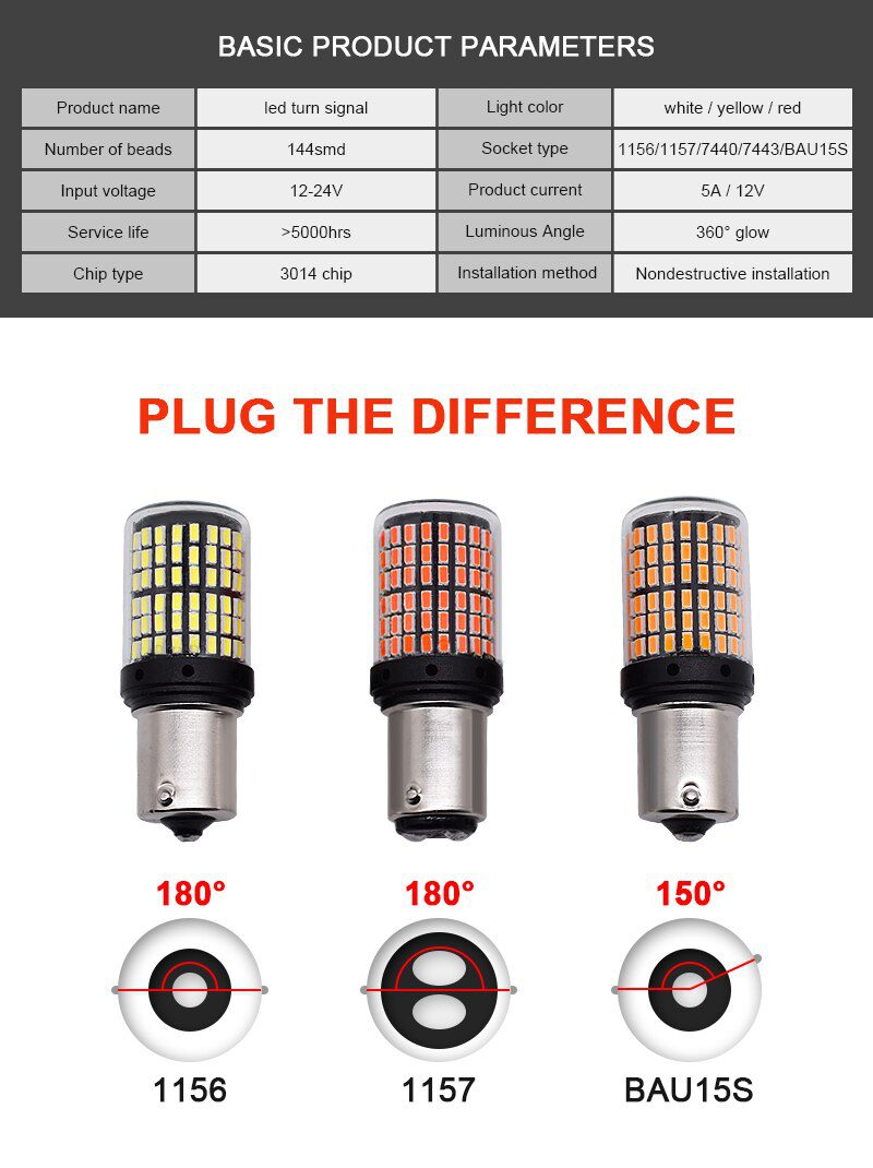 1pcs 3014 144smd Canbus S25 1156 P21W BA15S LED BAY15D BAU15S PY21W T20 LED 7440 7443 W21W 1157 led Bulbs For Turn Signal Light