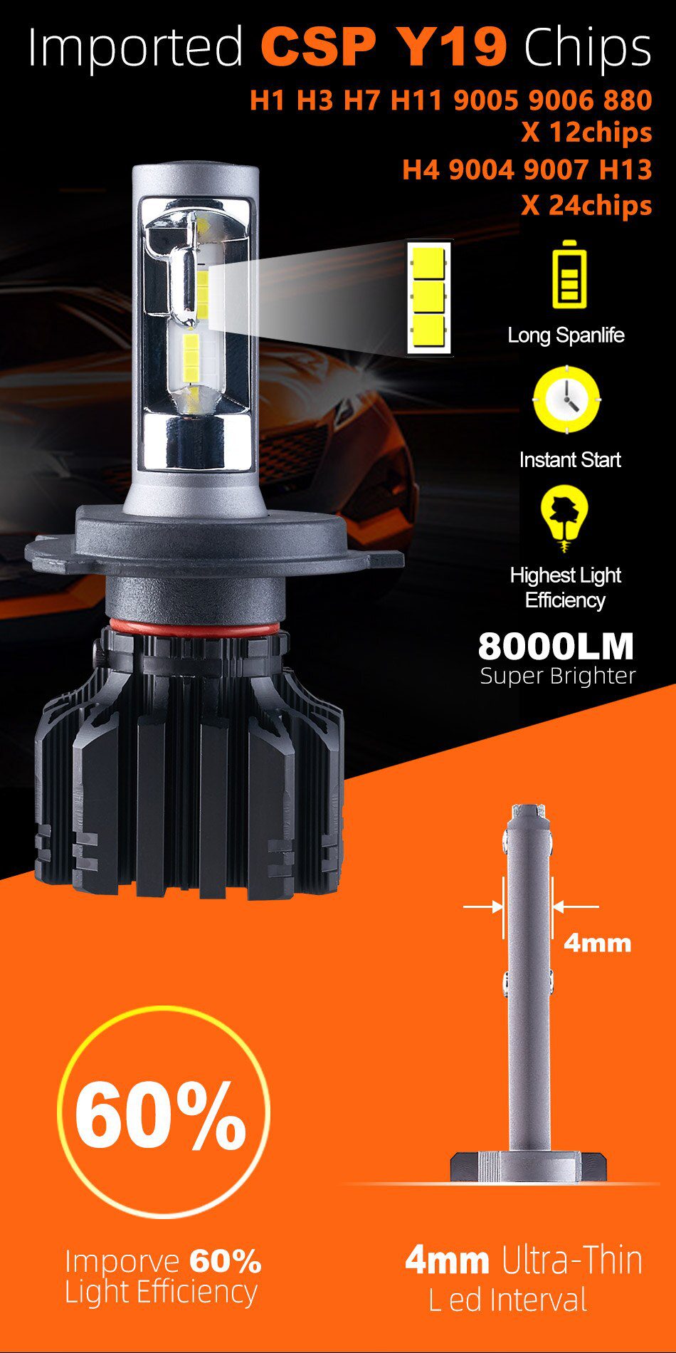 BAGELED CSP Car Headlight H4 H7 LED 3000K 4300K 6500K 8000K H1 H3 H8 H9 H11 9005 9006 HB3 HB4 880 881 LED Bulb Auto Fog Light