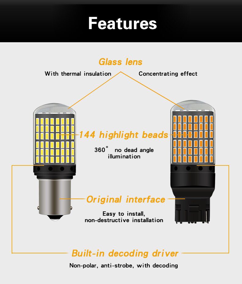 1PCS 1156 BA15S P21W BAU15S PY21W LED T20 7440 W21W P21/5W 1157 BAY15D led Bulbs 144smd CanBus lamp For Turn Signal Light 12V