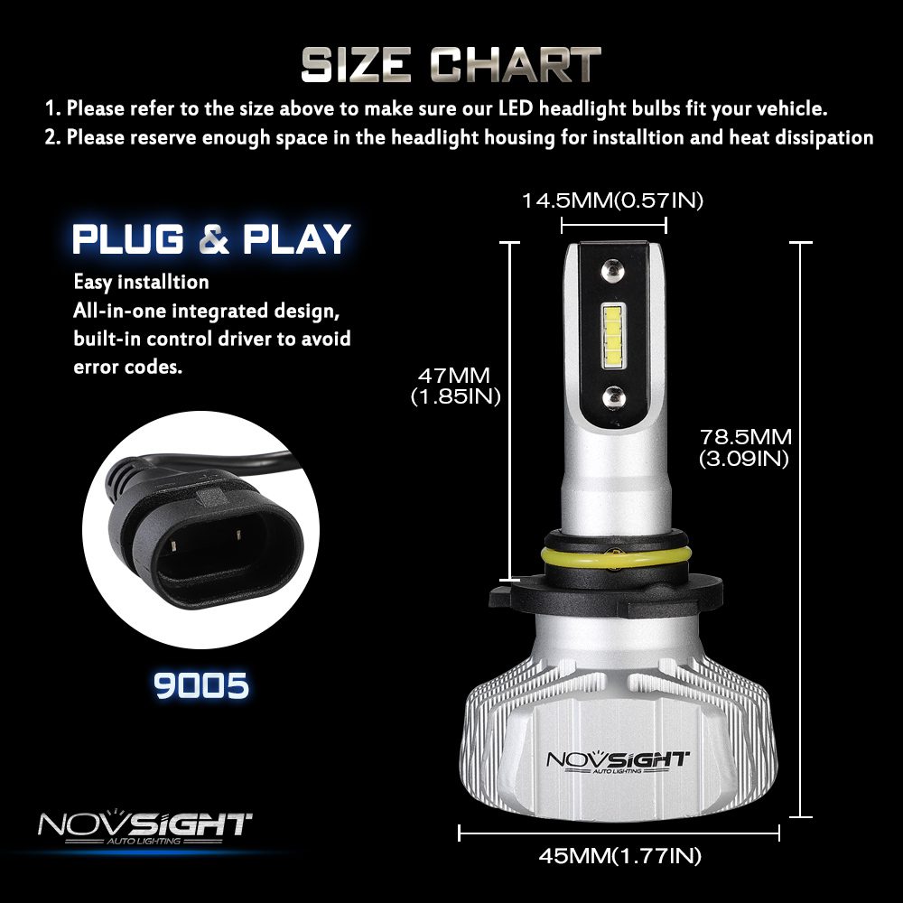 NOVSIGHT Car Headlight H4 Hi/Lo Beam LED H7 H1 H3 H8 H9 H11 H13 9005 9006 9007 50W 10000lm 6500K Auto Headlamp Fog Light Bulbs