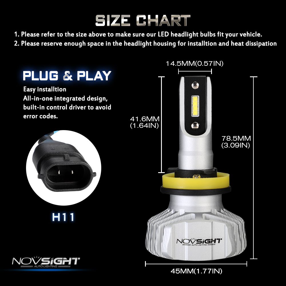 NOVSIGHT Car Headlight H4 Hi/Lo Beam LED H7 H1 H3 H8 H9 H11 H13 9005 9006 9007 50W 10000lm 6500K Auto Headlamp Fog Light Bulbs