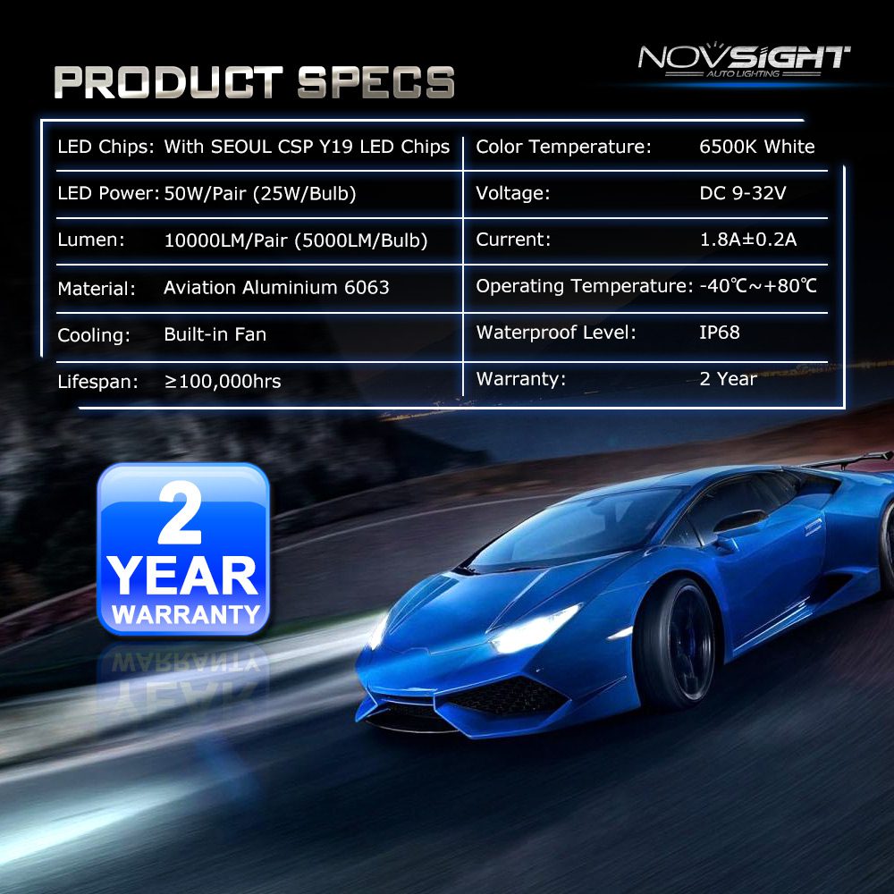 NOVSIGHT Car Headlight H4 Hi/Lo Beam LED H7 H1 H3 H8 H9 H11 H13 9005 9006 9007 50W 10000lm 6500K Auto Headlamp Fog Light Bulbs