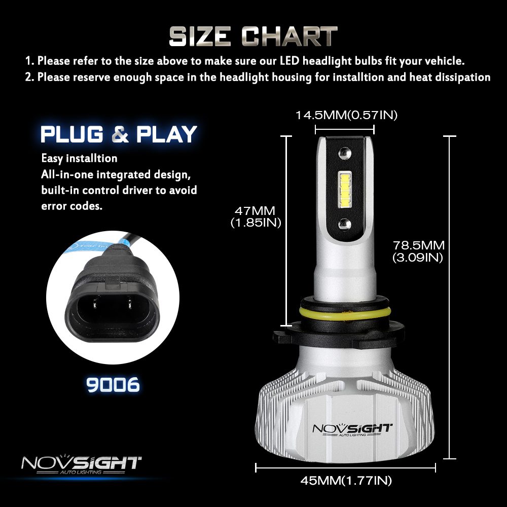 NOVSIGHT Car Headlight H4 Hi/Lo Beam LED H7 H1 H3 H8 H9 H11 H13 9005 9006 9007 50W 10000lm 6500K Auto Headlamp Fog Light Bulbs