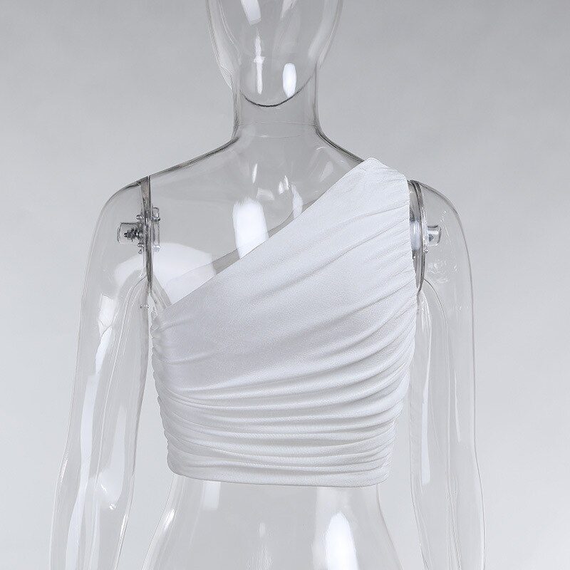 One Shoulder Crop Top Women Sexy Sleeveless Ruched Tank Top Summer White Black Blue Orange Plain Short Tanks Camis