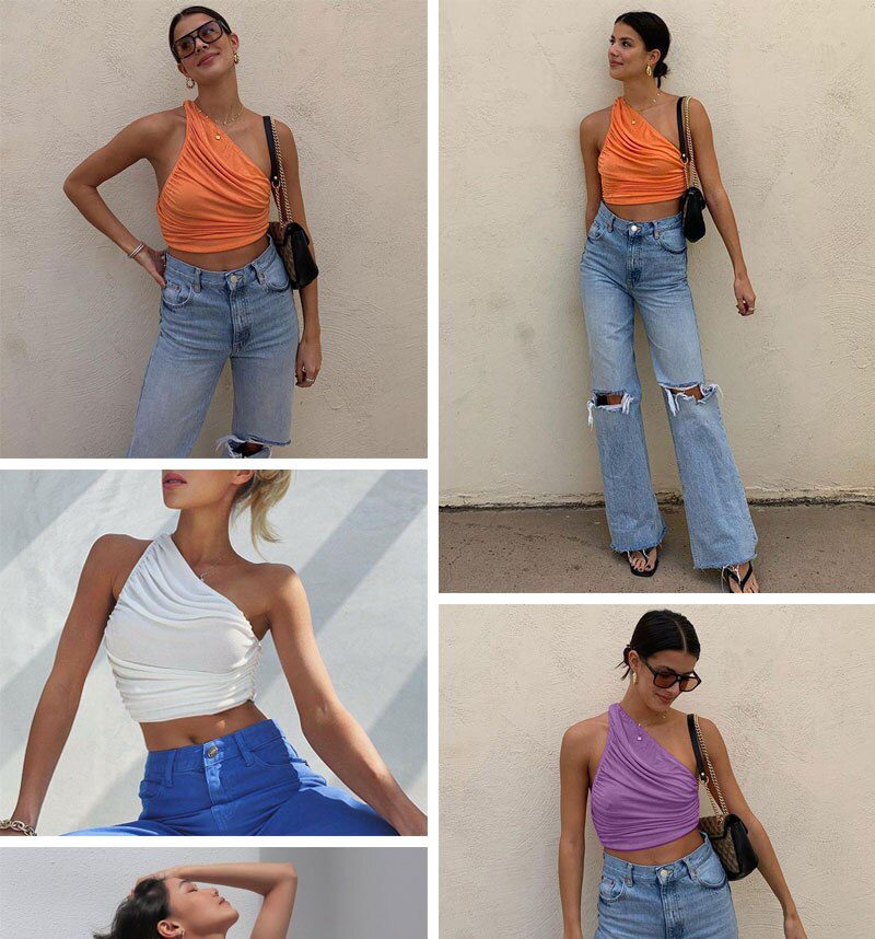 One Shoulder Crop Top Women Sexy Sleeveless Ruched Tank Top Summer White Black Blue Orange Plain Short Tanks Camis