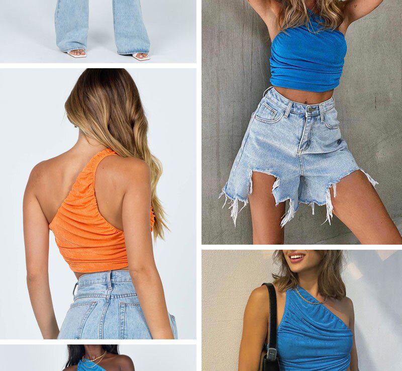 One Shoulder Crop Top Women Sexy Sleeveless Ruched Tank Top Summer White Black Blue Orange Plain Short Tanks Camis