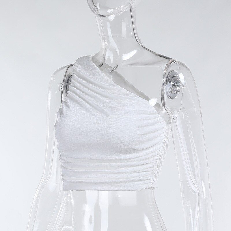 One Shoulder Crop Top Women Sexy Sleeveless Ruched Tank Top Summer White Black Blue Orange Plain Short Tanks Camis
