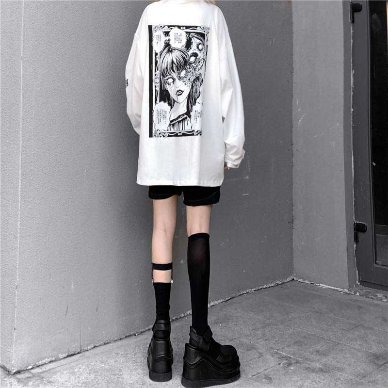 NiceMix Cartoon Horror Graphic T-shirt Women Character Print Loose Punk Japanese T Shirts Pullover Top Harajuku Street Tees