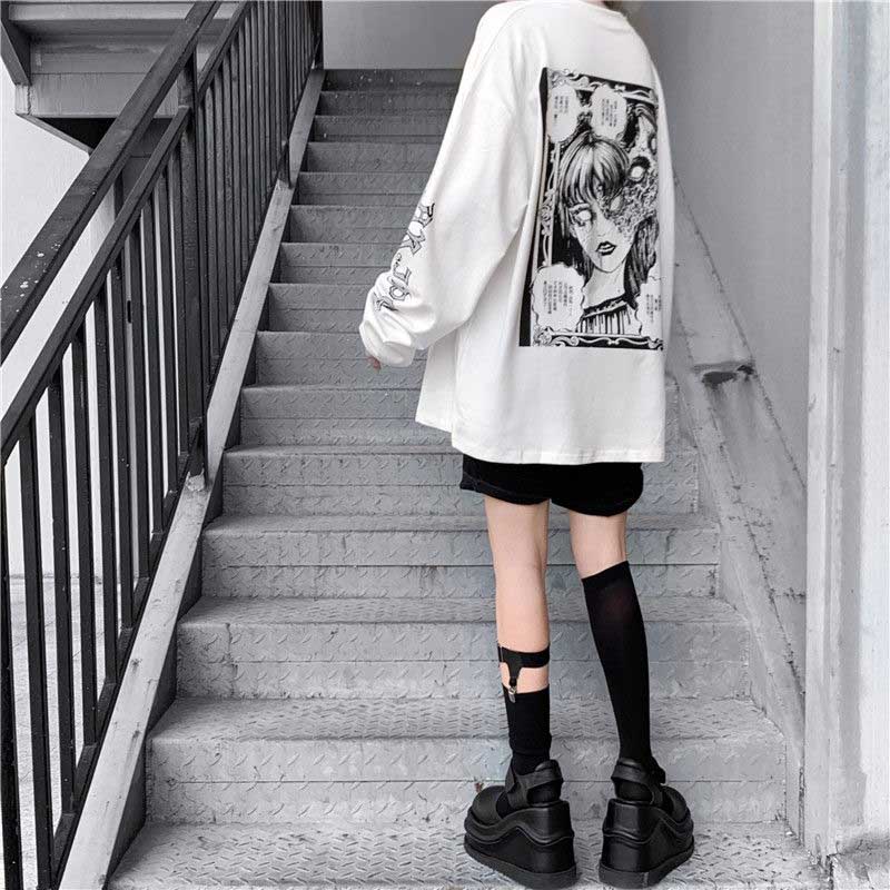 NiceMix Cartoon Horror Graphic T-shirt Women Character Print Loose Punk Japanese T Shirts Pullover Top Harajuku Street Tees