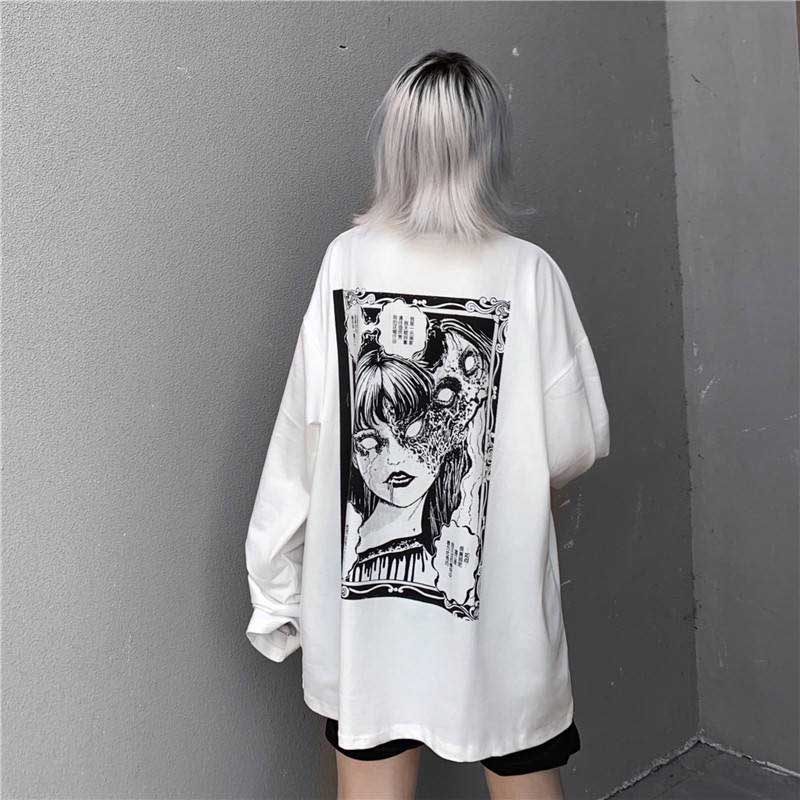 NiceMix Cartoon Horror Graphic T-shirt Women Character Print Loose Punk Japanese T Shirts Pullover Top Harajuku Street Tees