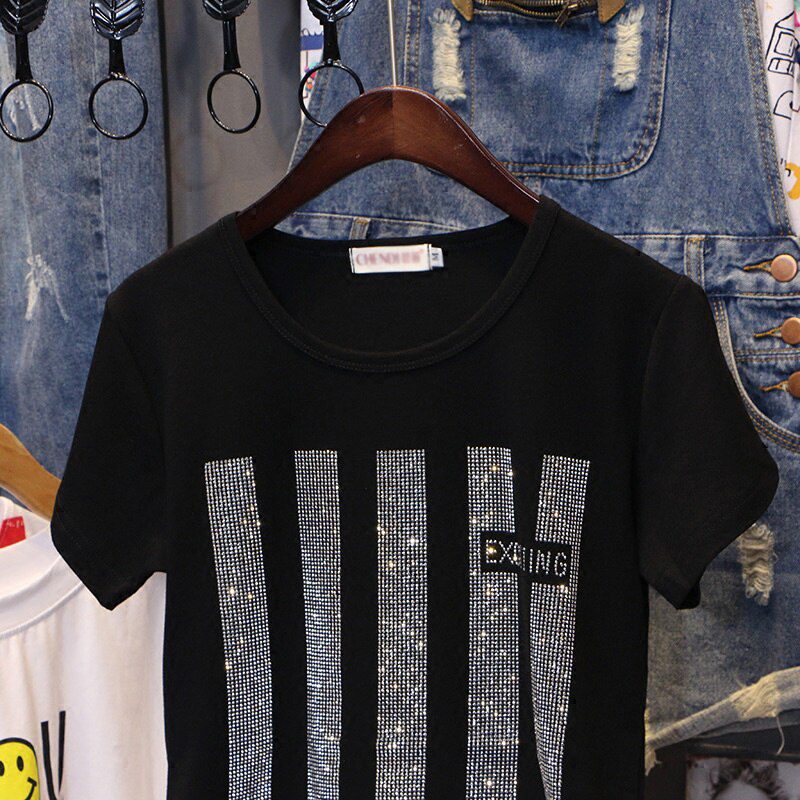 Short sleeve T-shirt women Summer clothes New 2021 fashion Hot drilling printing loose cotton Bottoming shirt Pullovers female