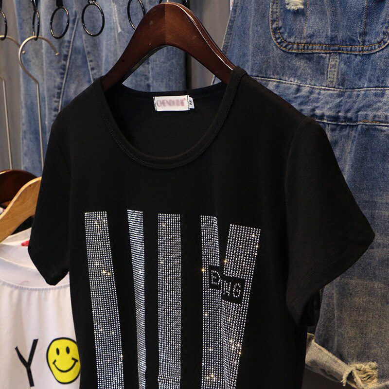 Short sleeve T-shirt women Summer clothes New 2021 fashion Hot drilling printing loose cotton Bottoming shirt Pullovers female