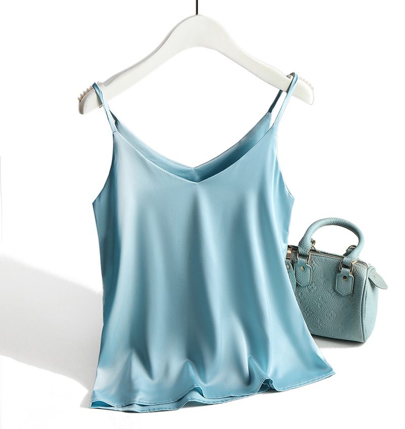 Spaghetti Strap Top Women Halter V Neck Basic White Cami Sleeveless Satin Silk Tank Tops Women'S Summer 2021 Camisole Plus Size