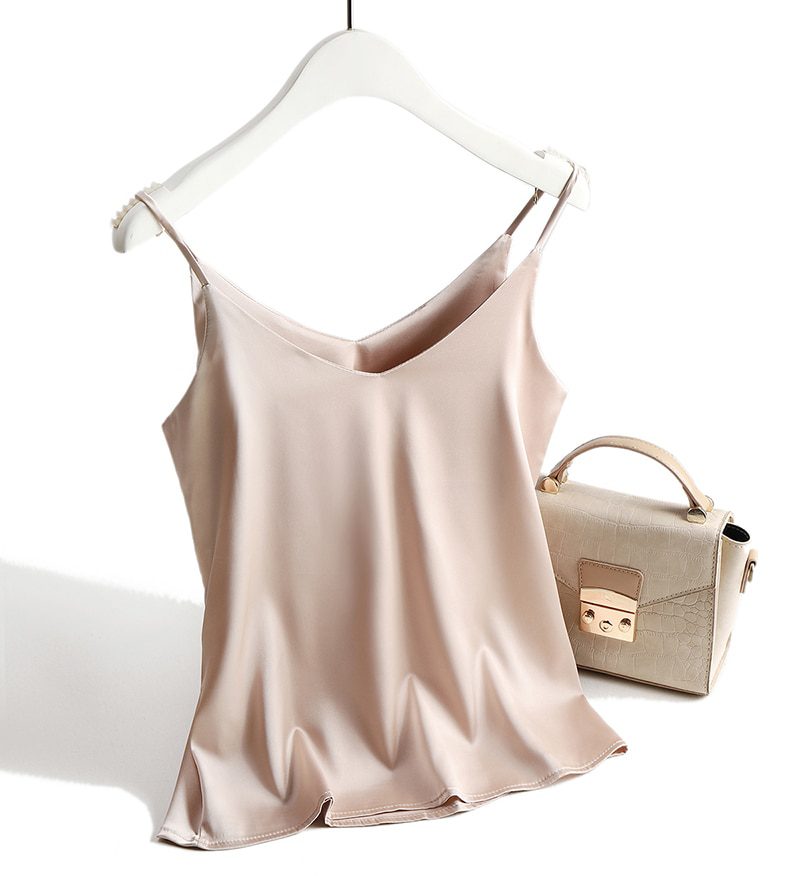 Spaghetti Strap Top Women Halter V Neck Basic White Cami Sleeveless Satin Silk Tank Tops Women'S Summer 2021 Camisole Plus Size