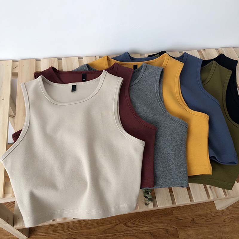 Summer new ladies retro crop top high waist slimming stretch slim short sleeveless bottoming top M30709