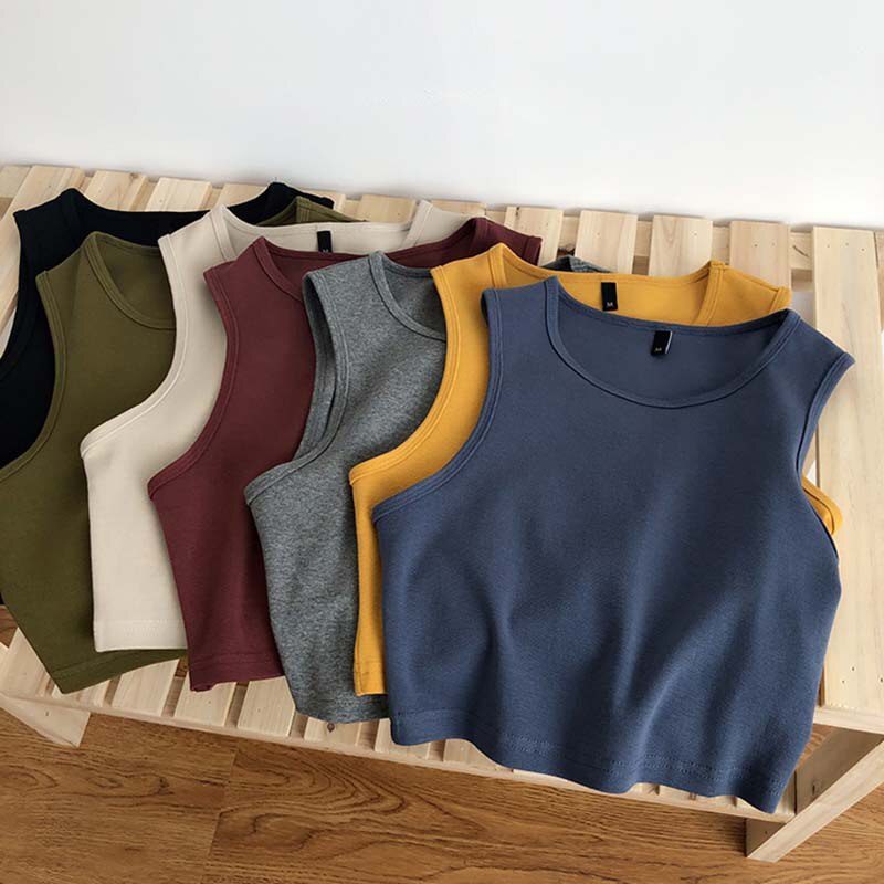 Summer new ladies retro crop top high waist slimming stretch slim short sleeveless bottoming top M30709