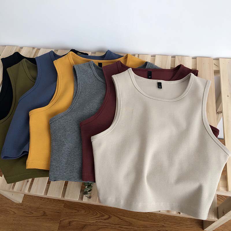 Summer new ladies retro crop top high waist slimming stretch slim short sleeveless bottoming top M30709