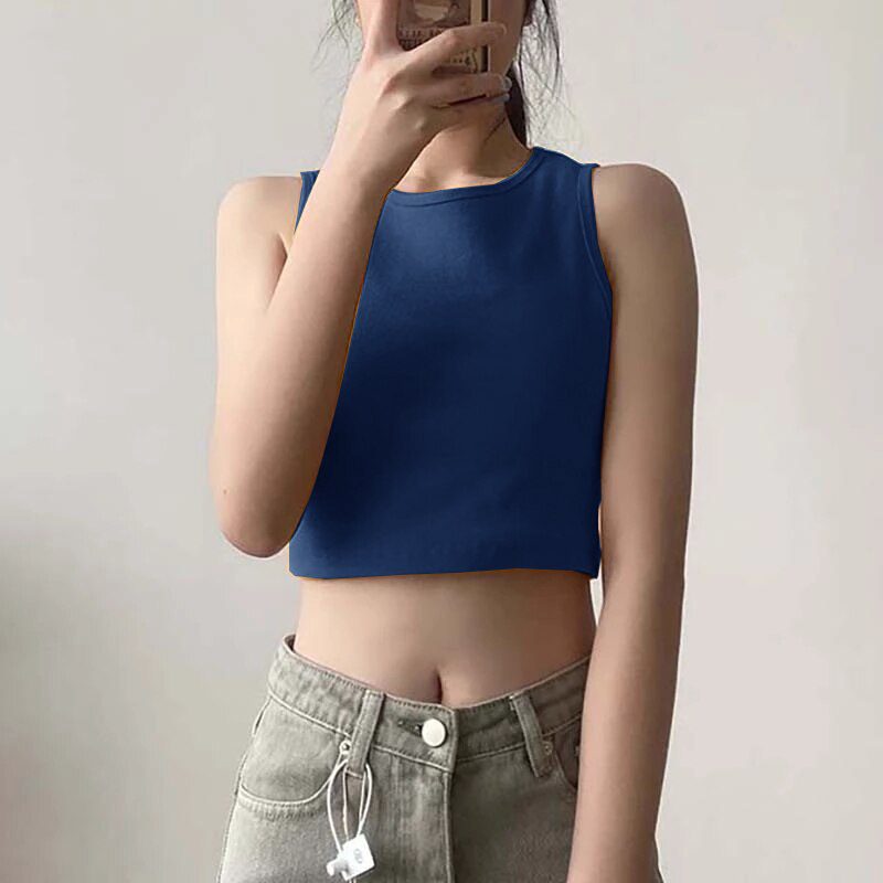 Summer new ladies retro crop top high waist slimming stretch slim short sleeveless bottoming top M30709
