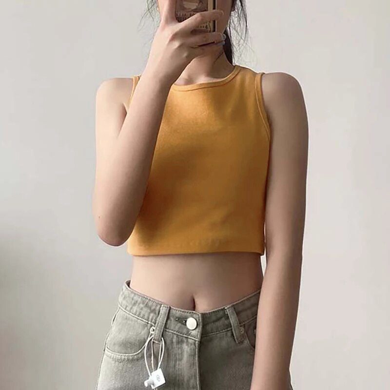 Summer new ladies retro crop top high waist slimming stretch slim short sleeveless bottoming top M30709