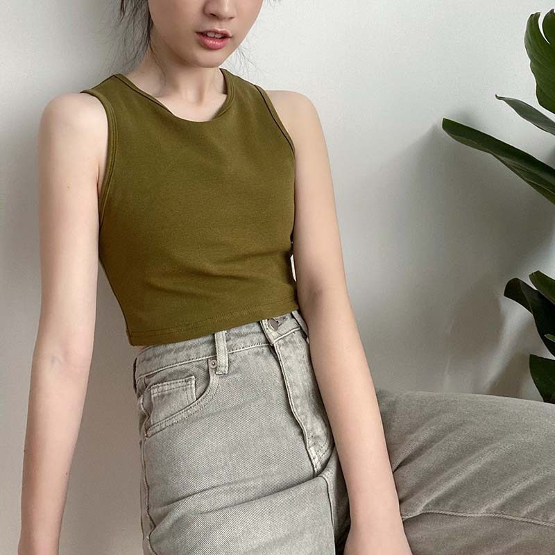 Summer new ladies retro crop top high waist slimming stretch slim short sleeveless bottoming top M30709
