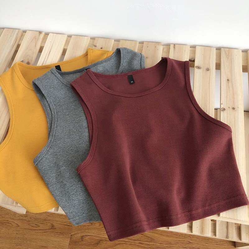 Summer new ladies retro crop top high waist slimming stretch slim short sleeveless bottoming top M30709