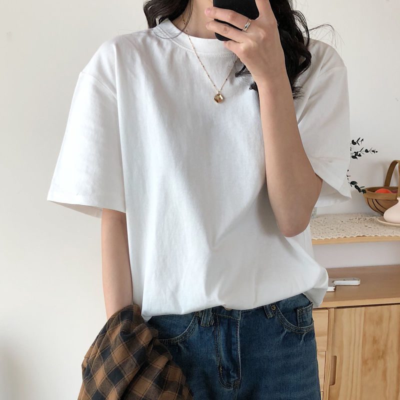 Hirsionsan Basic Cotton T Shirt Women Summer New Oversized Solid Tees 7 Color Casual Loose Tshirt Korean O Neck Female Tops