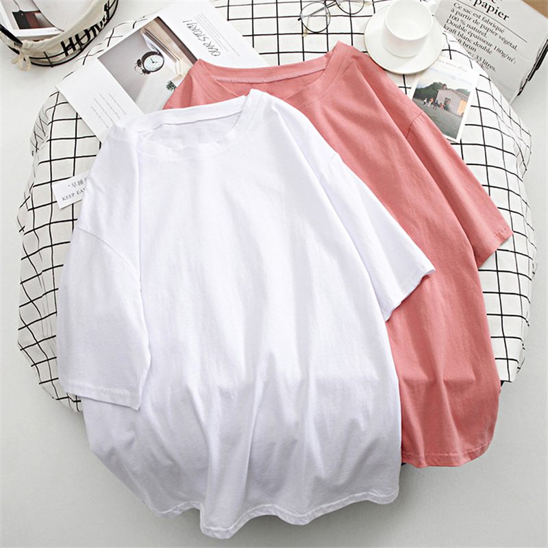 Hirsionsan Basic Cotton T Shirt Women Summer New Oversized Solid Tees 7 Color Casual Loose Tshirt Korean O Neck Female Tops