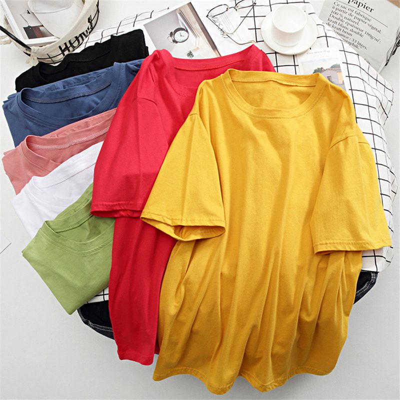 Hirsionsan Basic Cotton T Shirt Women Summer New Oversized Solid Tees 7 Color Casual Loose Tshirt Korean O Neck Female Tops