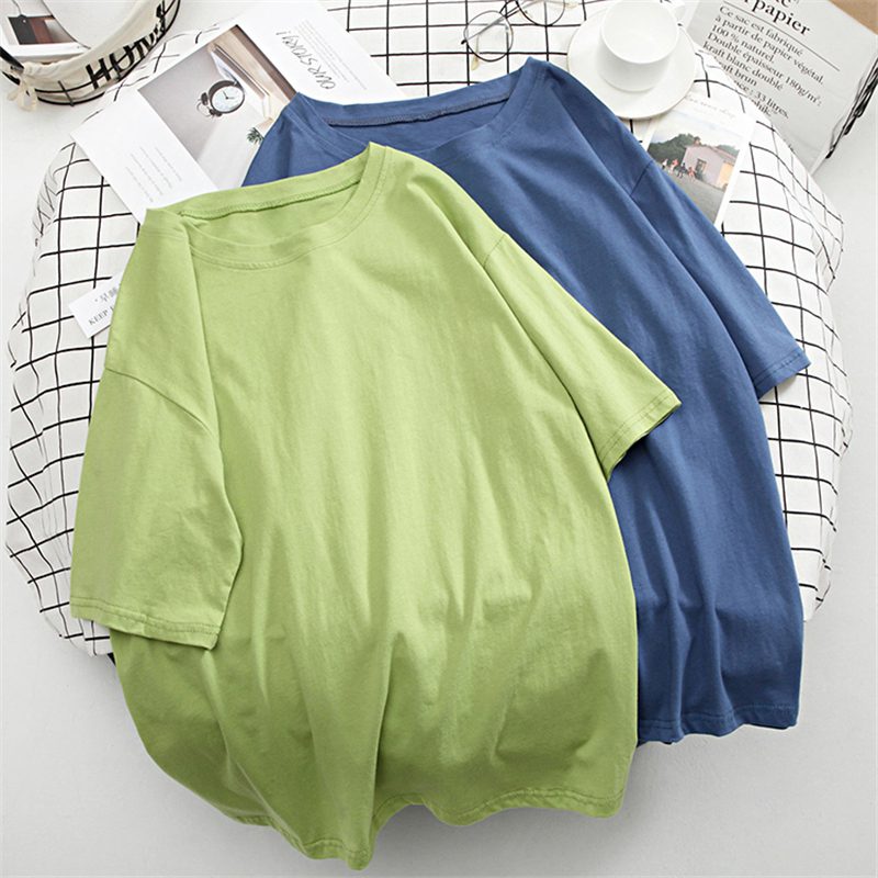 Hirsionsan Basic Cotton T Shirt Women Summer New Oversized Solid Tees 7 Color Casual Loose Tshirt Korean O Neck Female Tops