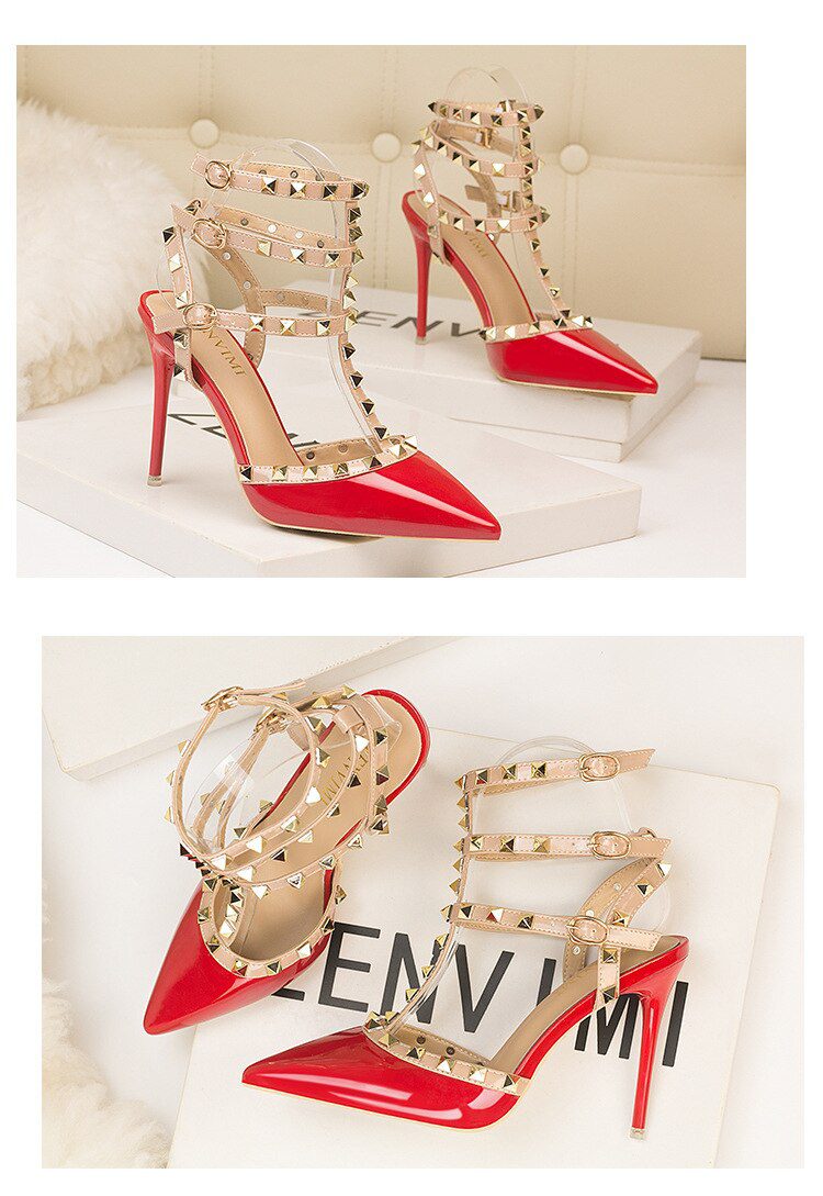 Roman fashion rivet sandals 10CM PUMPS Woman shoes Sexy nightclub stiletto heels patent-leather metallic rivet hollow