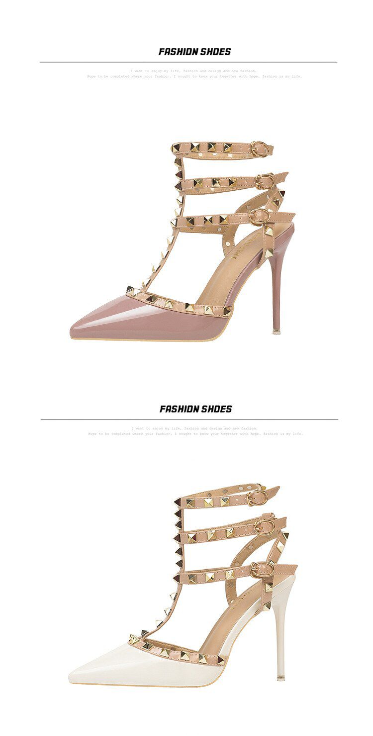 Roman fashion rivet sandals 10CM PUMPS Woman shoes Sexy nightclub stiletto heels patent-leather metallic rivet hollow