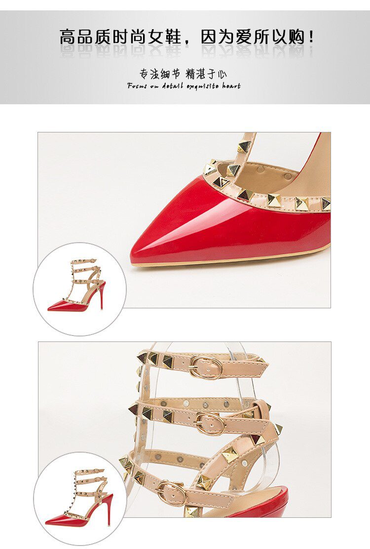 Roman fashion rivet sandals 10CM PUMPS Woman shoes Sexy nightclub stiletto heels patent-leather metallic rivet hollow