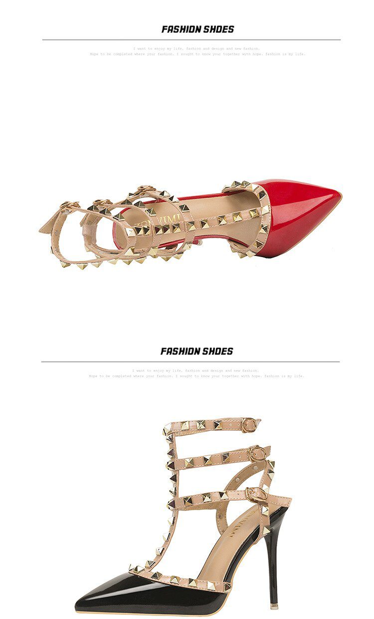 Roman fashion rivet sandals 10CM PUMPS Woman shoes Sexy nightclub stiletto heels patent-leather metallic rivet hollow