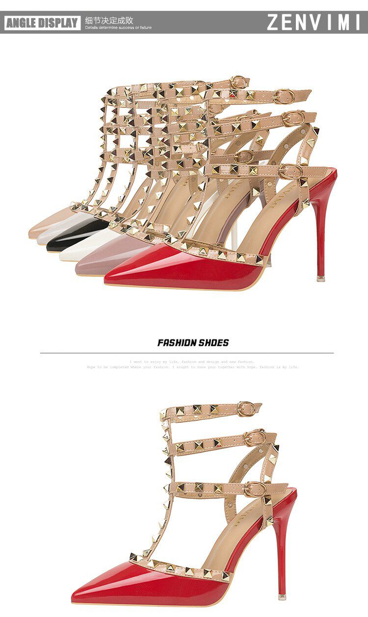 Roman fashion rivet sandals 10CM PUMPS Woman shoes Sexy nightclub stiletto heels patent-leather metallic rivet hollow
