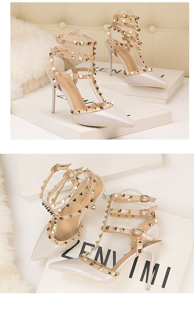 Roman fashion rivet sandals 10CM PUMPS Woman shoes Sexy nightclub stiletto heels patent-leather metallic rivet hollow