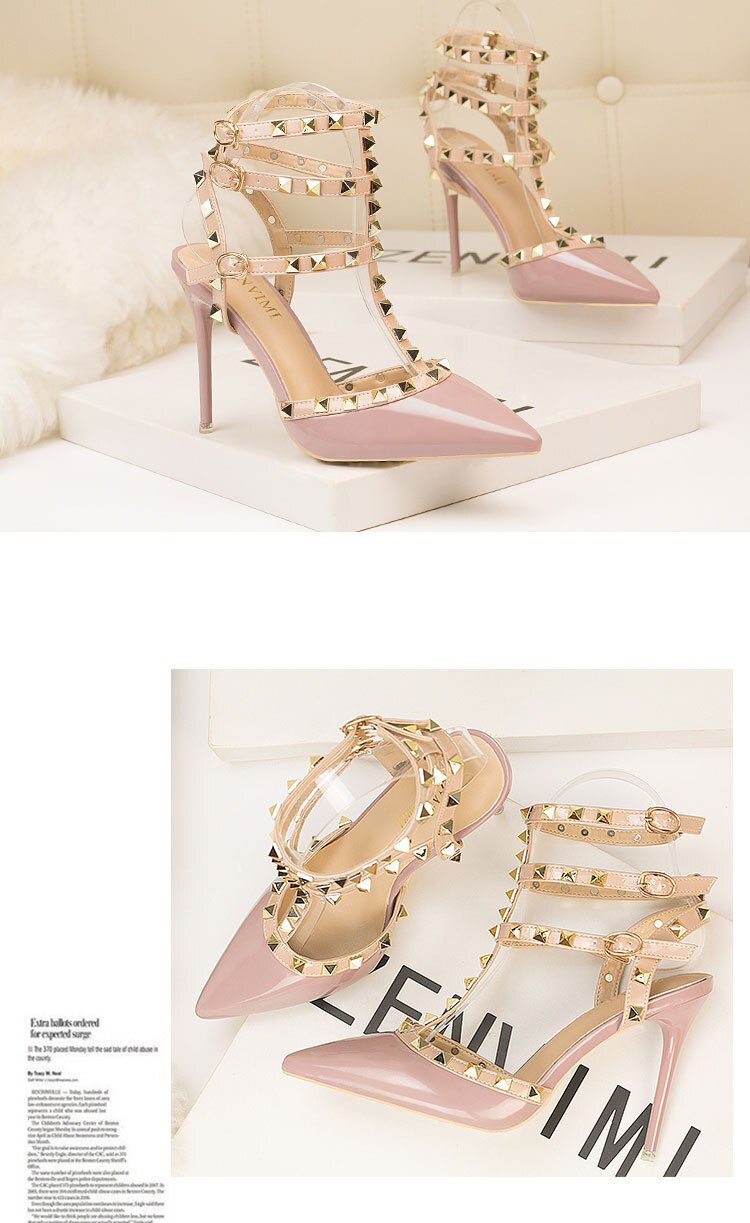 Roman fashion rivet sandals 10CM PUMPS Woman shoes Sexy nightclub stiletto heels patent-leather metallic rivet hollow