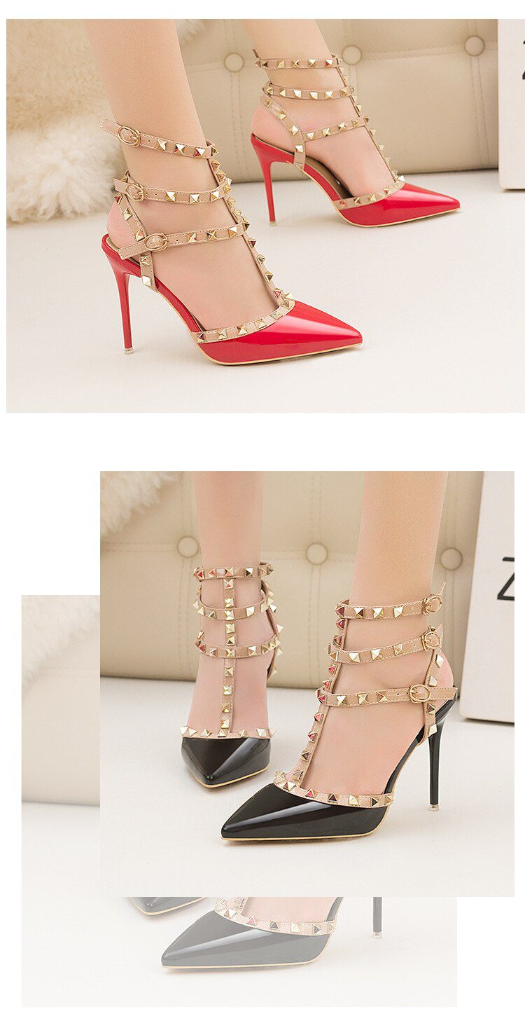 Roman fashion rivet sandals 10CM PUMPS Woman shoes Sexy nightclub stiletto heels patent-leather metallic rivet hollow