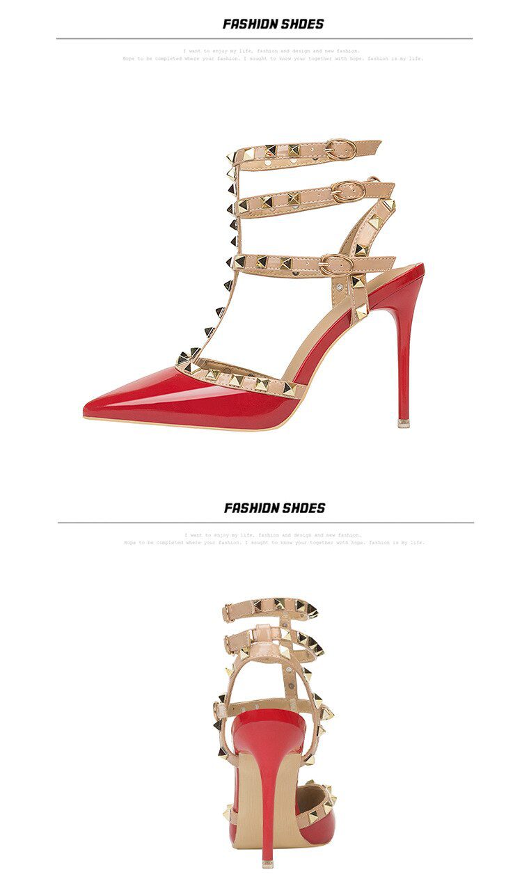 Roman fashion rivet sandals 10CM PUMPS Woman shoes Sexy nightclub stiletto heels patent-leather metallic rivet hollow