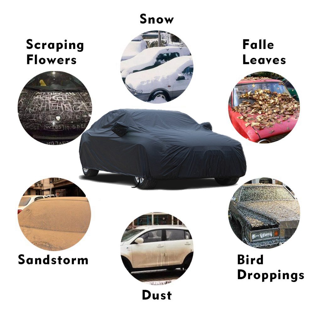 X Autohaux Universal Black Breathable Waterproof Fabric Car Cover w Mirror Pocket Winter Snow Summer Full Car Protection COVERS