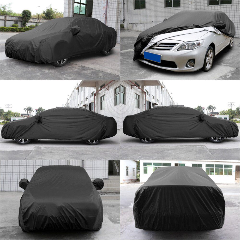 X Autohaux Universal Black Breathable Waterproof Fabric Car Cover w Mirror Pocket Winter Snow Summer Full Car Protection COVERS