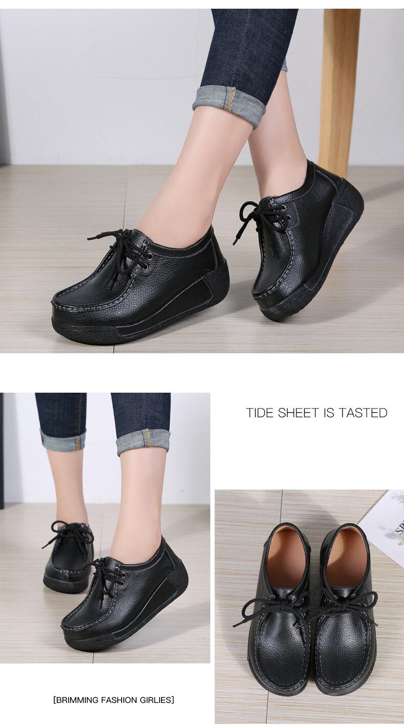 Women Flats Comfortable Loafers Shoes Woman Breathable Leather Lace-up Sneakers Women Fashion Black Soft Casual Shoes Female