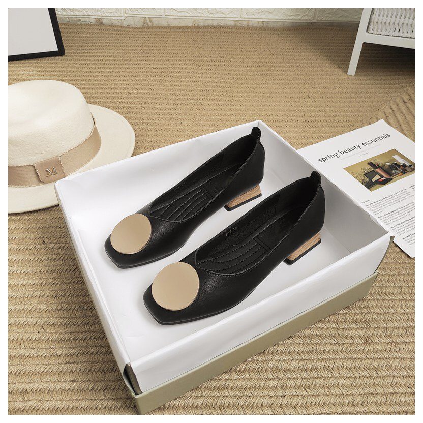 DONLEE QUEEN Women Flats Shoes Low Wooden Heel Ballet Square Toe Shallow Buckle Brand Shoes Slip On Loafer Big Size 35- 41 Mujer