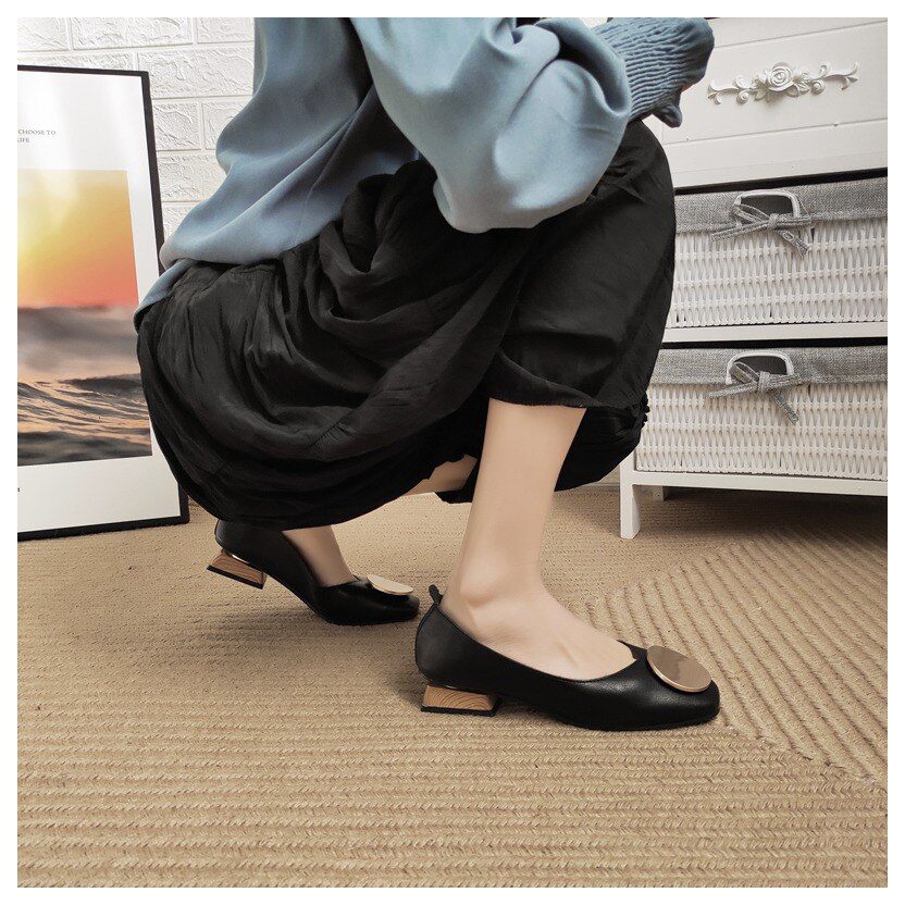 DONLEE QUEEN Women Flats Shoes Low Wooden Heel Ballet Square Toe Shallow Buckle Brand Shoes Slip On Loafer Big Size 35- 41 Mujer