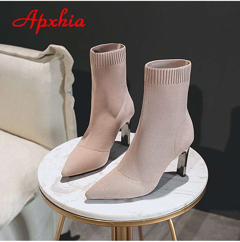 Aphixta Metal Blade Heels Socks Boots Women Stretch Fabric Elastic Stilettos Heel Pointed Toe Ankle Boots Shoes Woman Boats
