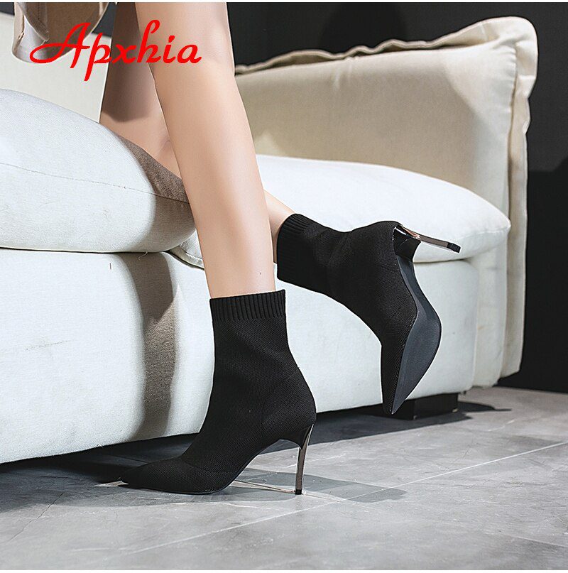 Aphixta Metal Blade Heels Socks Boots Women Stretch Fabric Elastic Stilettos Heel Pointed Toe Ankle Boots Shoes Woman Boats